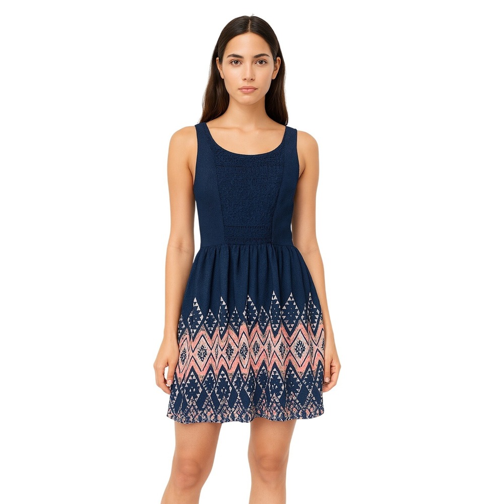 Xhilaration A Line Dress Navy Geometric Lace Bodice Sleeveless Fit Flare Size XS
